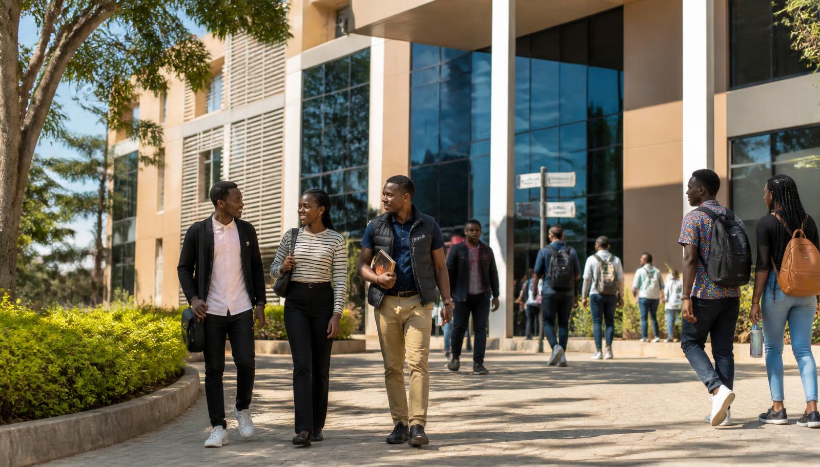 Students walking and talking outside a modern college campus building